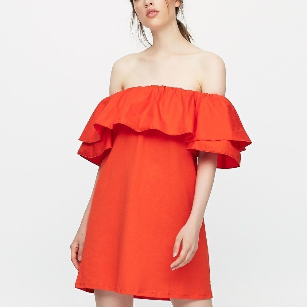 Pull & Bear Orange Off-the-Shoulder Dress